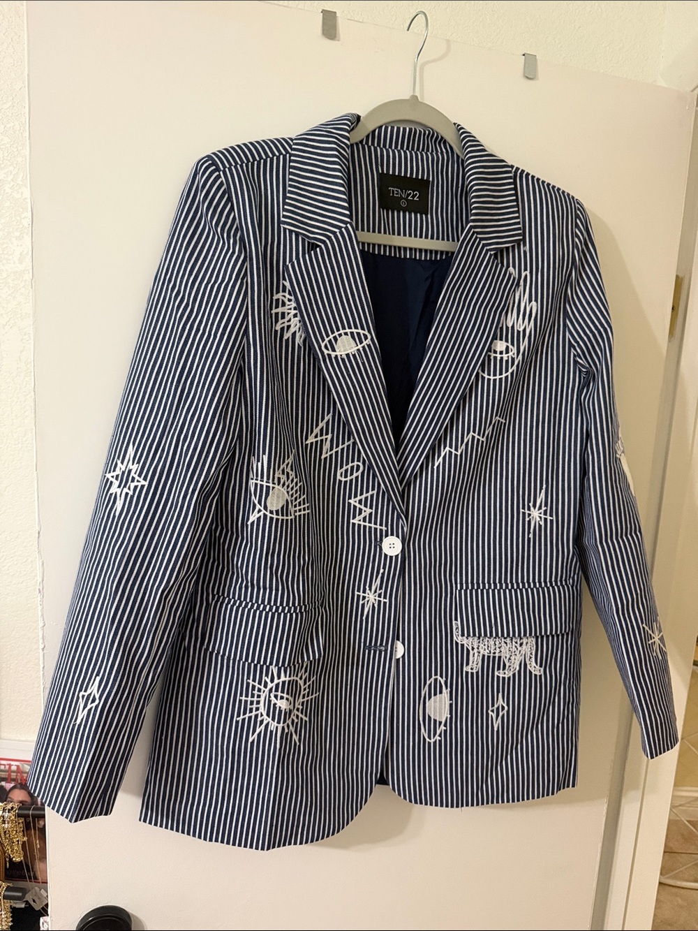 Navy Pinstripe Embroidered Notch-Lapel Blazer
